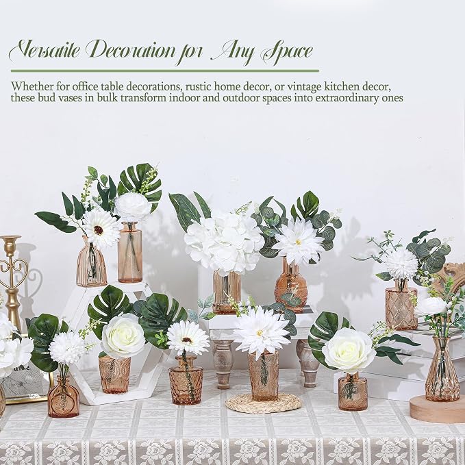 FoldTier 108 Pcs Artificial Flowers in Vase 96 Pcs Faux Greenery Stem Table Centerpiece Fake Plants Silk Roses Arrangement 12 Pcs Glass Vase Sets for Wedding Bathroom Home Dining Decor(Champagne) - Image 5