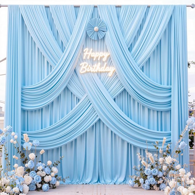 30 ft x 10 ft Wrinkle Free Baby Blue Backdrop Curtains for Parties, 6 Panels 5 ft x 10 ft Polyester Light Blue Photo Backdrop Drapes for Birthday Wedding Party Baby Shower Photography - Image 2