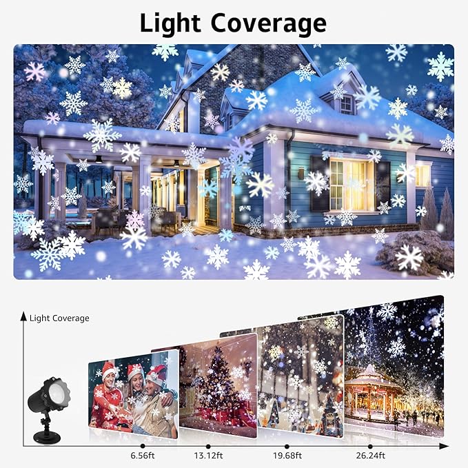 Christmas Snowflake Projector Lights with Outdoor Ground Stakes, IP65 Waterproof Decorative Snowfall LED Lighting Wall Mounted & Floor Mount Garden Patio Indoor Holiday Projector Lamp for Xmas
