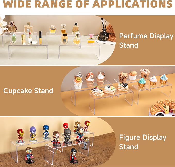 Aminigram 12 Pack Large Acrylic Risers Display Stands,Perfume Organizer Stand, Clear Acrylic Shelf for Show Decor Display, Toys, Cupcake and More(12.4 x 4 x 4.6 inches) - Image 7