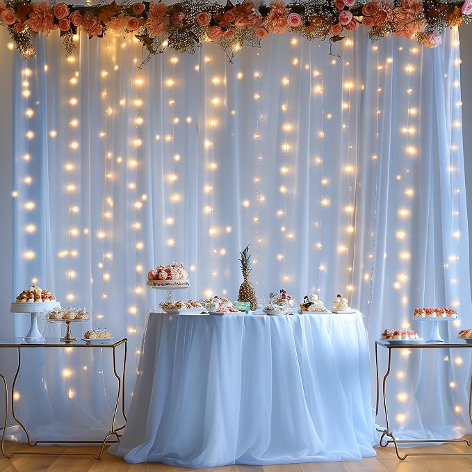 30ft x 8ft Blue Backdrop Curtain Panels with Lights String for Parties, Sheer Tulle Wedding Backdrop Drapes for Baby Shower Birthday Party Home Decorations - Image 2