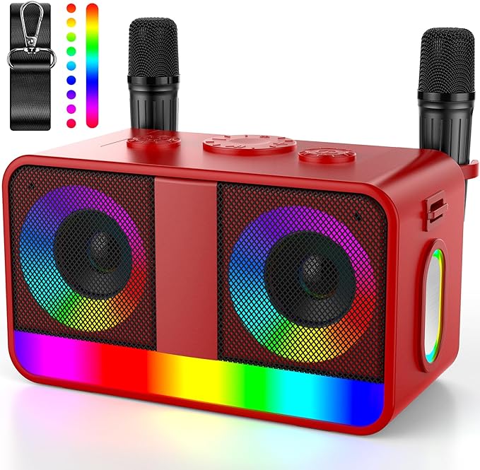 Karaoke Machine, Real 35W Portable Speaker,8H Long Time, 2 Rechargeable Wireless Microphones,LED,Karaoke Machine for Adults & Kids,BT/FM/USB/TF/AUX,for Home Party/Outdoors(CHJ171-Red)