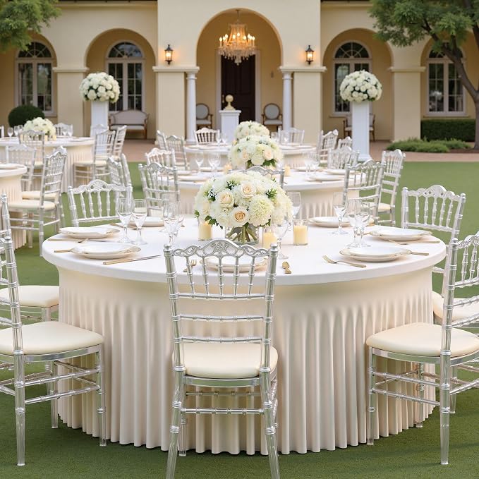 6 Pack Ivory Spandex Round Tablecloths for 72inch Table, Wrinkle Free 132in Stretchy Fitted 6ft Round Table Cloths Covers with Skirt for Wedding Birthday Parties Banquet Events - Image 3