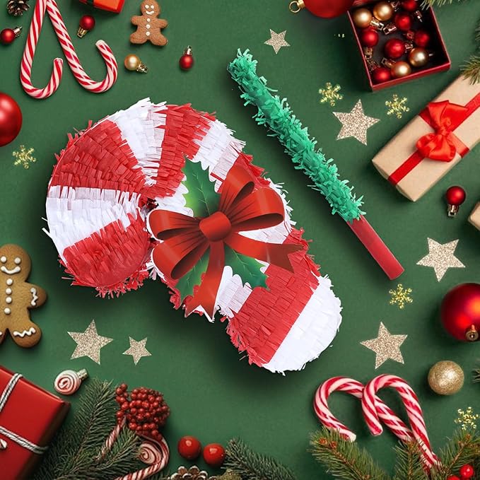 Christmas Candy Cane Pinatas Bundle with a Blindfold and Bat (Small Size 17x11x4 Inches), Holiday Theme Piñata, Christmas Party Supplies, Xmas Piñata, Party Decoration Games
