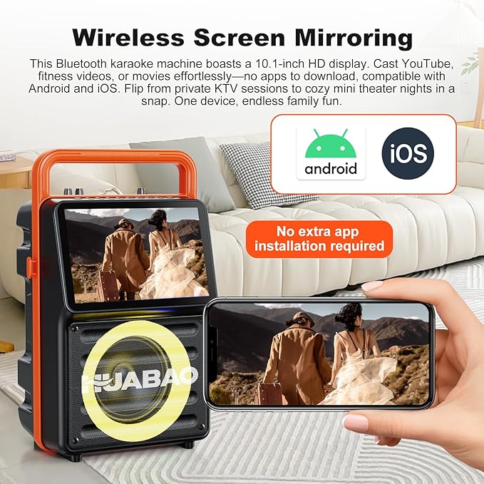 Karaoke Machine with 10.1” Built-in Screen, Bluetooth Speaker with Lyrics Display, Wireless Screen Mirroring for iOS & Android, PA System with Lights, 2 Rechargeable Mics, 5400mAh, Perfect for Parties
