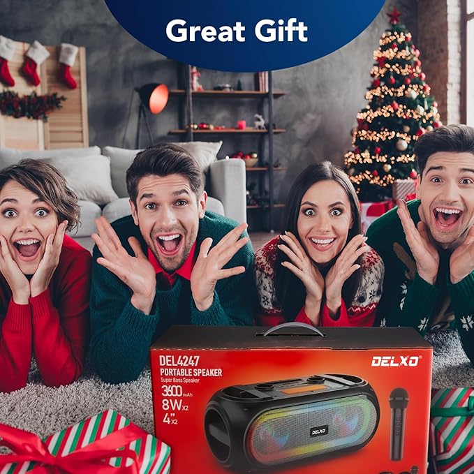 Delxo Karaoke Machine with 2 Wireless Microphones for Adult, Powerful Portable Bluetooth Speaker Loud for Party, PA System Remote Singing Machine with LED Lights, Support BT TWS USB TF, Gift