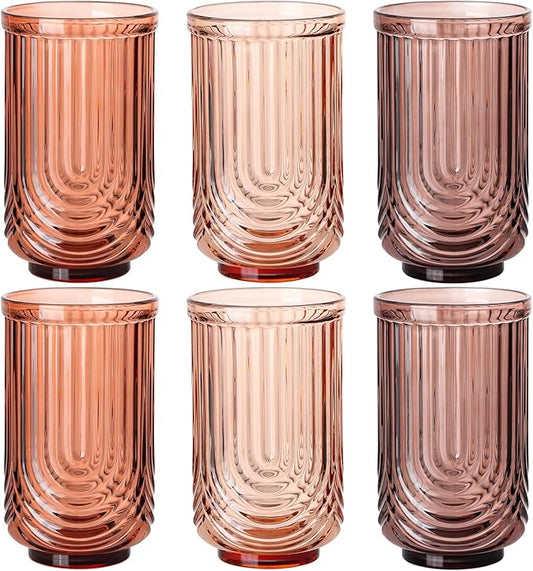 Venus Vintage Drinking Glasses Set of 6-17oz Hand-Blown Highball Ribbed Glassware, Arch Design Cocktail Glasses for Whiskey Water Beverages Ice Coffee Juice Milk