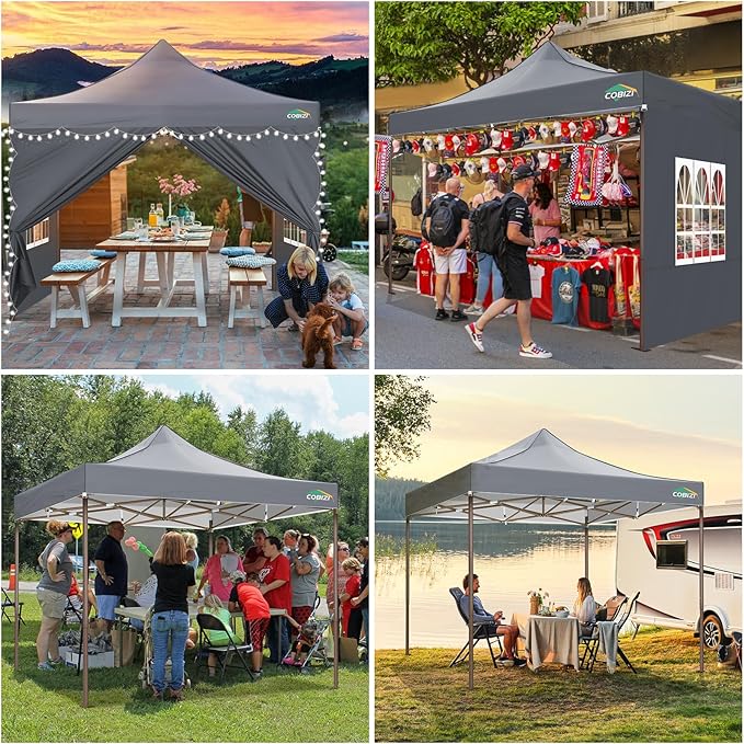 COBIZI 10x10 Pop Up Canopy Tent Heavy Duty with 4 Sidewalls, Commercial Easy Up Instant Canopy Outdoor for Events Party Wedding, All Weather Waterproof UV 50+ with Carry Bag (Leg Upgraded), Gray