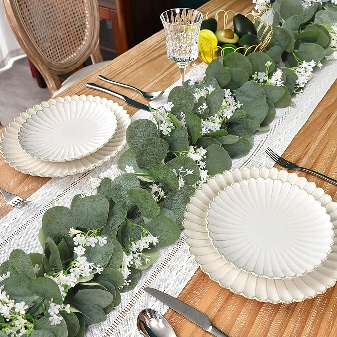 KHOYIME Eucalyptus Garland with White Flowers, 2 Packs 5.9Ft Artificial Silver Dollar Eucalyptus Leaves Plant Fake Greenery Hanging Ivy Vines Faux Wreath for Wedding Arch Party Mantle Table Home Decor | KHOYIME Faux Silver Dollar Eucalyptus Leaves Fake... - Image 5