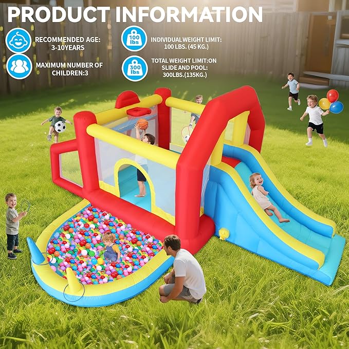 9 in 1 Inflatable Bounce House Kid Trampoline with Tall Slide, Ball Pit Pool, Skill Soccer, Throwing Sandbags Game, for Home Party or Outdoor Ages 3-10 with 520W Blower 190"x138"x76"