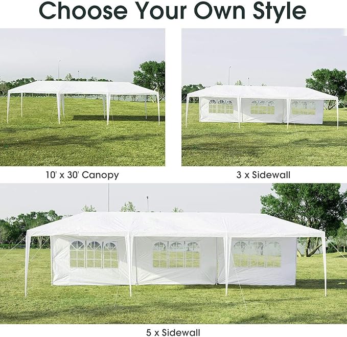 Tangkula 10' x 30' Party Tent, Portable Outdoor Tent with 5 Removable Sidewalls, and Connection Stakes, Ropes, Suitable for BBQ, Beach, Garden and Outdoor Events, Wedding Tent, White