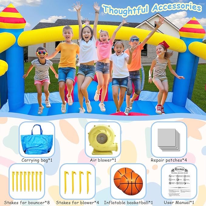 Big Inflatable Bounce House for Party,18.7ft x 13ft,Double Slide,Double Basketball Hoop,Fun Central Obstacle,Throw Ball Game,Reinforced PVC Bounce Floor,Jumping Bouncy Castle Holds 6 Kids