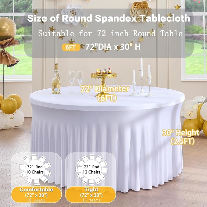 8pk Round Spandex Tablecloths for 72inch Table, Wrinkle Free Stretchy 132 inch Fitted 6ft Round Table Cloths Covers with Skirt for Wedding Birthday Parties Banquet Bridal Shower Events - Image 6