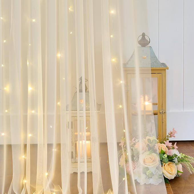 Champagne Backdrop Curtains with Lights String for Wedding Parties 10×10ft Sheer Tulle Backdrop Curtain for Bridal Shower Baby Shower Birthday Party Photo Shoot Decorations 2 Panels 5×10ft - Image 6