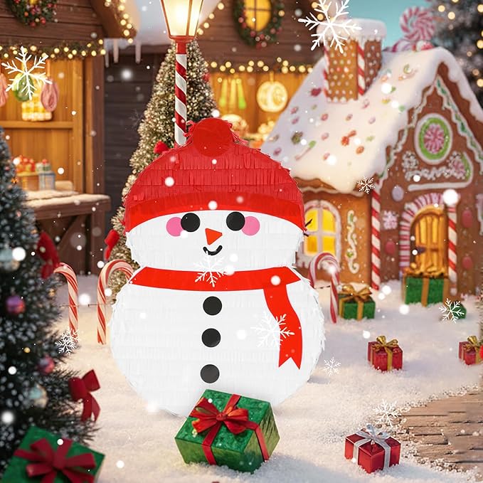 Cute Snowman Pinatas Bundle with a Blindfold and a Bat (17 x 12 x 4 Inches), Perfect for Winter Holiday boys and girls Birthday Parties, Christmas Party Decorations Games for Kids Party