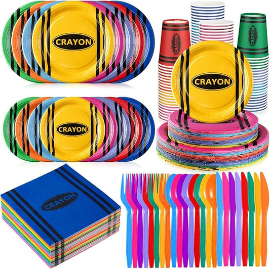 Ziliny 350 Pcs Crayon Party Disposable Tableware Set Paper Plates and Napkins Cups Supplies Crayon Theme Dinner Dinnerware for Birthday Back to School Party Decoration Serves 50 by Ziliny