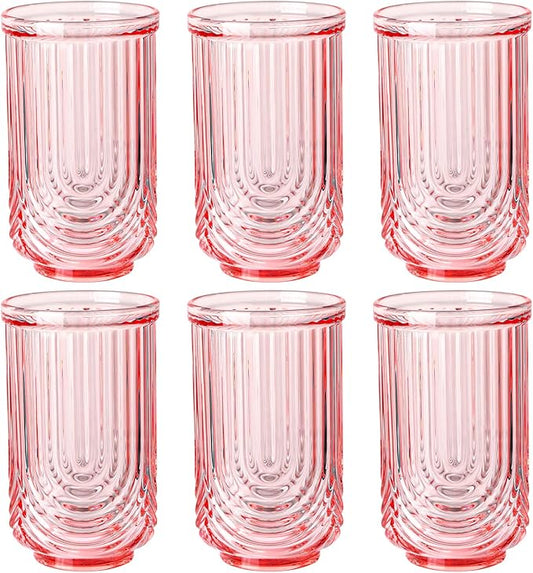 Pink Vintage Drinking Glasses Set of 6-17oz Hand-Blown Highball Ribbed Glassware, Arch Design Cocktail Glasses for Whiskey Water Beverages Ice Coffee Juice Milk