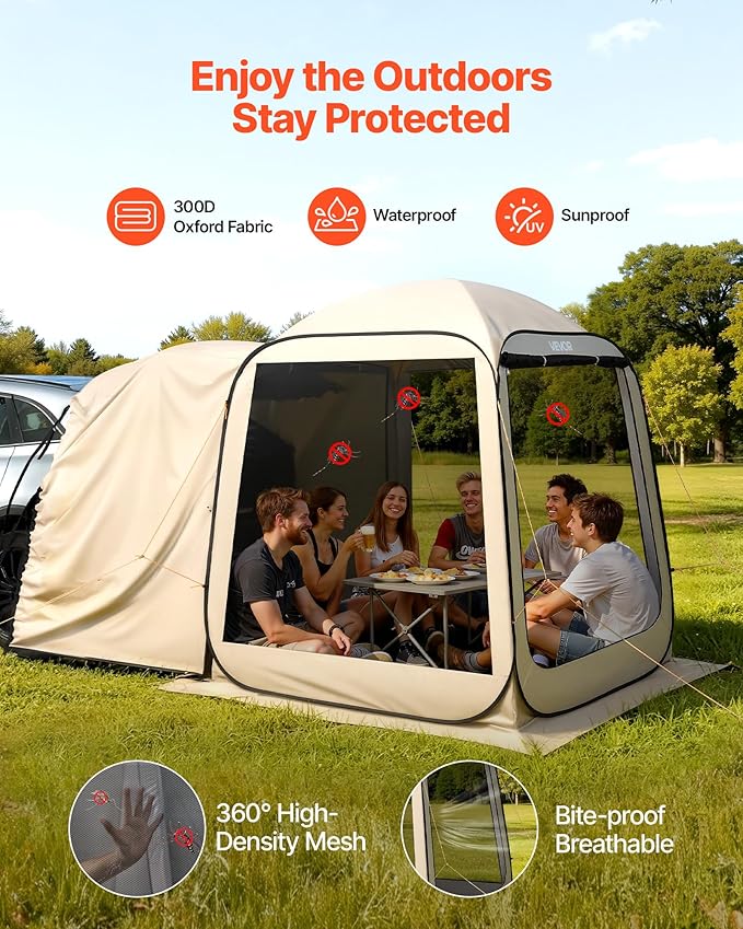 SUV Tailgate Tent VEVOR, 6 x 6 ft Pop-Up Screen House Canopy for 4–6 Person, Portable Screened Shelter with Carry Bag, for Car Camping, Backyard, Patio, Outdoor Activities