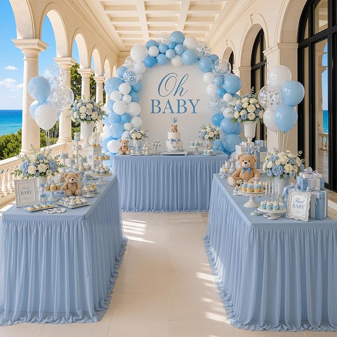 CO-AVE 2pack Dusty Blue Tulle Tablecloth for 6 Foot Rectangular Tables, 2-in-1 Elastic Stretch Spandex Cover with Tutu Ruffle Skirt, Wrinkle Free for Wedding, Birthday, Banquet, Buffet, Bridal Shower - Image 5