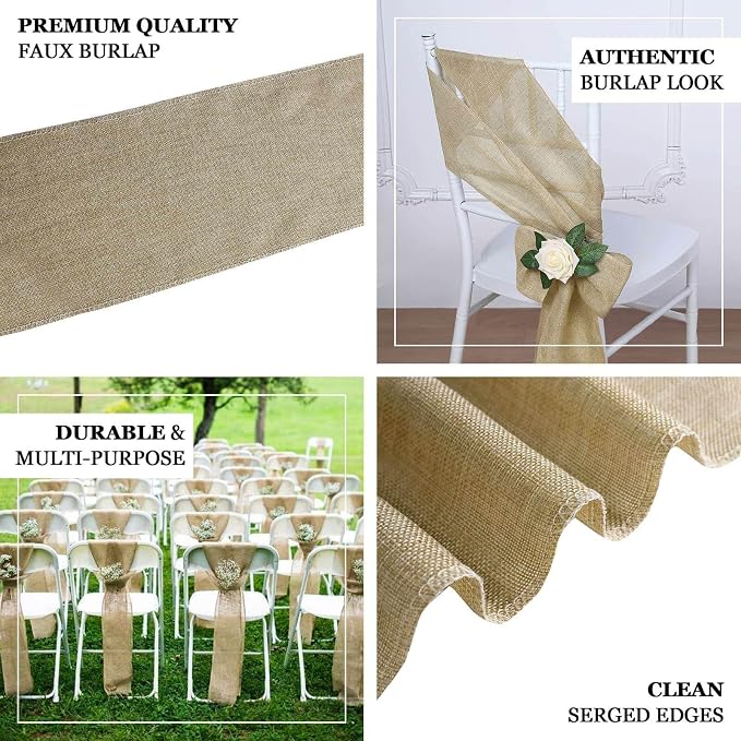 Efavormart 5 Pack | Gold Jute Faux Burlap Chair Sashes Covers, Boho Chic Linen Decor - 6"x108" - Image 5