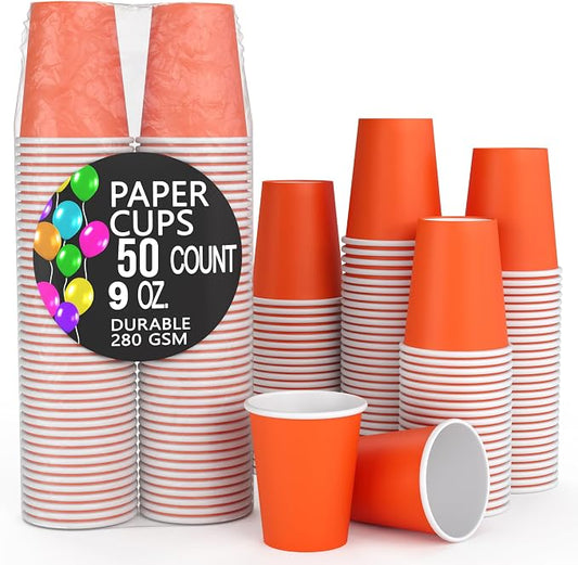 Party Solids Orange Paper Cups 9 oz - 50 Disposable Cups for Hot & Cold Drinks - Durable 280 GSM Coffee Tea Tumblers for Parties Events & To Go by PartySolids