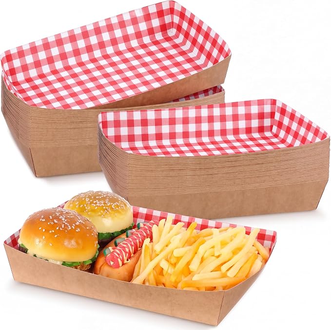 Disposable Red White Checkerboard Paper Food Trays 5 lb Heavy Duty Kraft Paper Food Serving Boats 10.2 x 7.1 x 2 Inch Nacho Taco Hot Dog Chips Snack Hamburger Holder for Party Restaurant (30 Pcs) by Norme