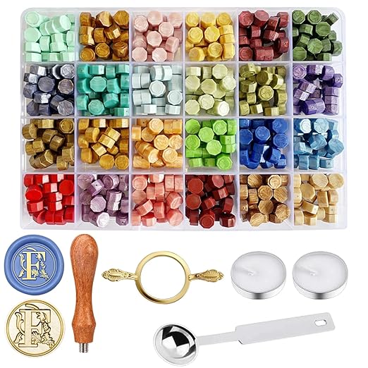 Wax Seal Stamp Kit - Sealing Wax Beads in 24 Colors with Personalized Letter Stamp,Steel Melting Spoon,Tea Candles and Round Molds – Perfect for Wedding Invitations,Envelopes(F)