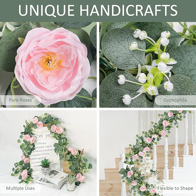 TOCHGREEN 4 Pack Artificial Eucalyptus Flower Garland with Pink Roses | Fake Rose Flower Greenery Garland Floral Vines for Wedding Centerpiece Backdrop Home Party Table Runner Valentines Day Decor - Image 5