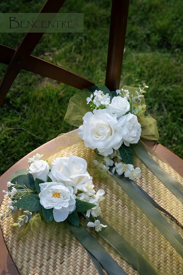 White&Greenery Wedding Chair Decor Set of 8,Chair Back Flowers,Aisle Decor for Ceremony,Reception,Outdoor,Church Pew Wedding Aisle,Artificial Flowers - Image 6