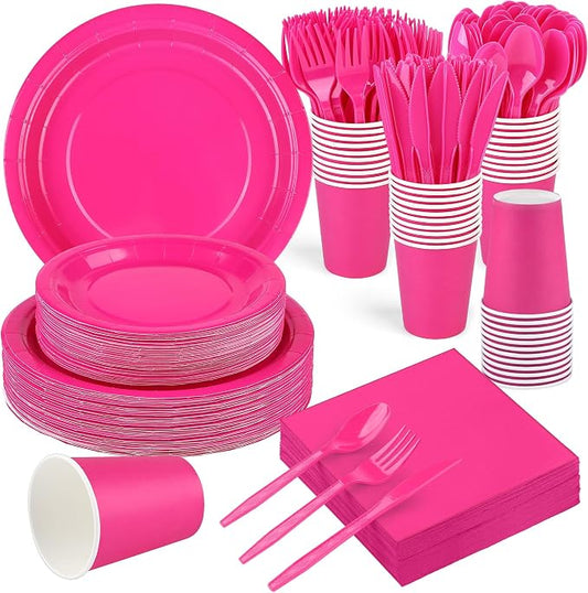 Kochorie 350 Pieces Hot Pink Dinnerware Set, 7 & 9 inch Dessert Paper Plates Cups Napkins Plastic Cutlery Disposable Party Supplies for Birthday Baby Shower Wedding, Serve 50 Guests by Kochorie