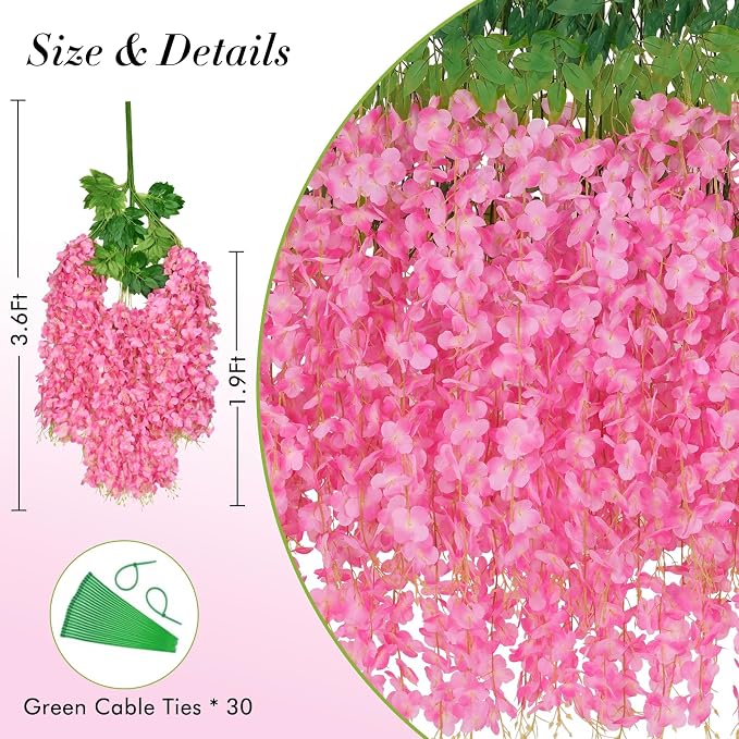 Waipfaru 36 Pack Wisteria Hanging Flowers, 3.6 Feet/Pcs Pink Wisteria Artificial Flowers, Fake Flowers Garland, Hanging Vines for Bedroom Wedding Home Party Wall Decoration - Image 4
