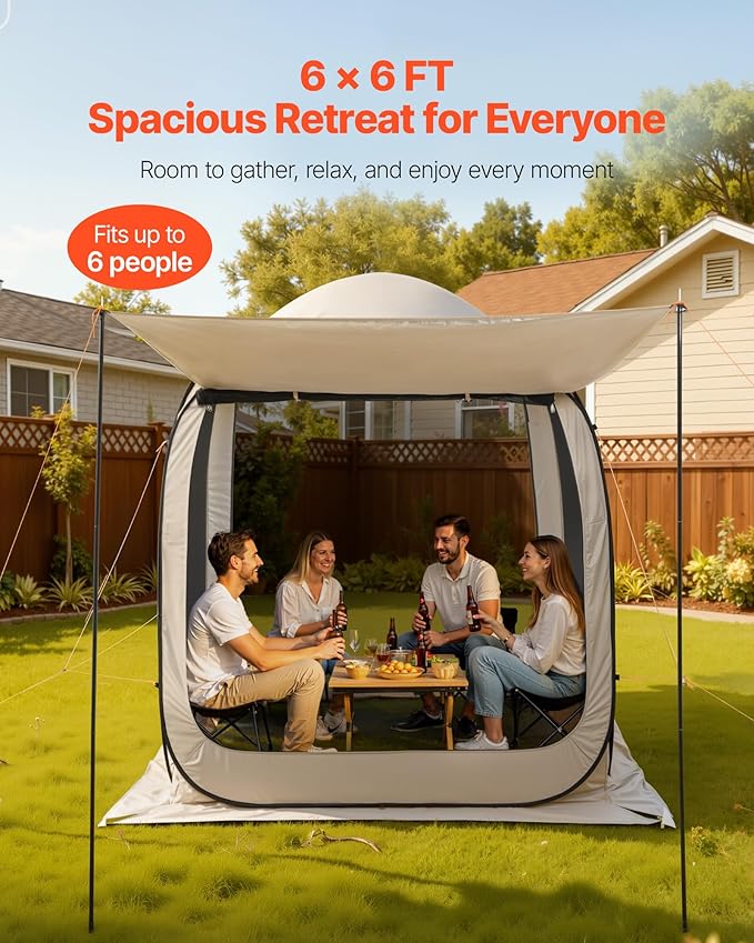 VEVOR 6 x 6 ft Pop-Up Screen House Tent with Extended Awning, 4–6 Person Screen Gazebo, Portable Screened Canopy with Carry Bag, Netting Sides & Ground Stakes for Patio, Backyard & Outdoor Activities