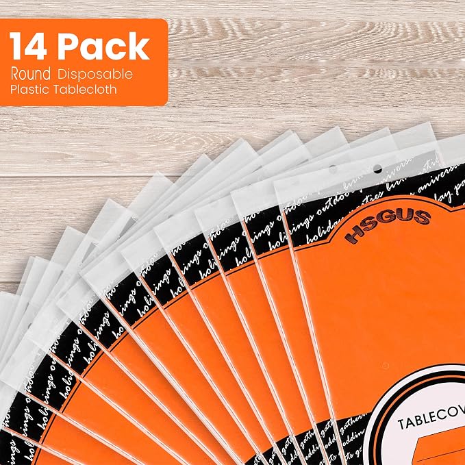 Premium Round Orange Plastic Tablecloth - 84 x 84 in. Disposable Plastic Table Cloth - Smooth Decorative Table Cover - For Parties, Weddings - Image 4