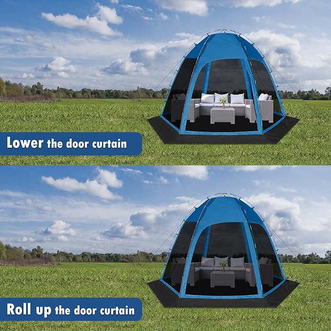 Screen Tent with Removable Floor, Siebwin 11.8'x11.8' Six-Sided Gazebos with Mosquito Netting Sunproof Outdoor Canopy Tent for 6-8 People Family Backyard Party Outside Activities, Blue