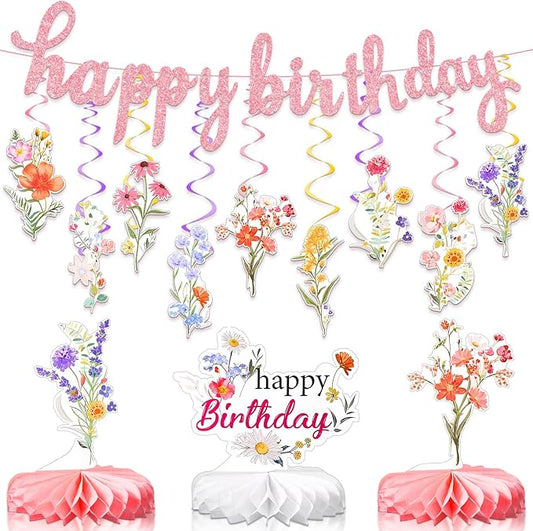 22 Pcs Flower Birthday Decorations 1 Wildflower Happy Birthday Banner 18 Wildflower Hanging Swirls 3 Honeycomb Centerpiece for Party Decorations Girls Women