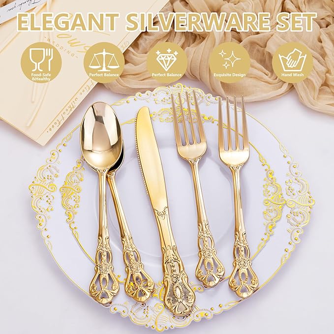 300Pieces Gold Plastic Silverware - Heavy Duty Gold Disposable Utensils - Vintage Plastic Cutlery Set Includes 100 Forks, 100 Spoons, 100 Knives for Dinner Parties Weddings (Pack of 2)
