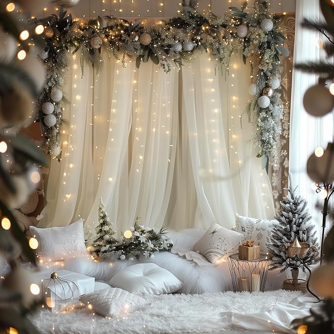 Fomcet Tulle Backdrop Curtains with Lights 10x10ft Sheer Ivory Curtain | Tulle Curtains Backdrop Sheer Backdrop Curtains for Parties Wedding Birthday Baby Shower Photo Shoot Decors(2 Panels 5x10ft) - Image 6