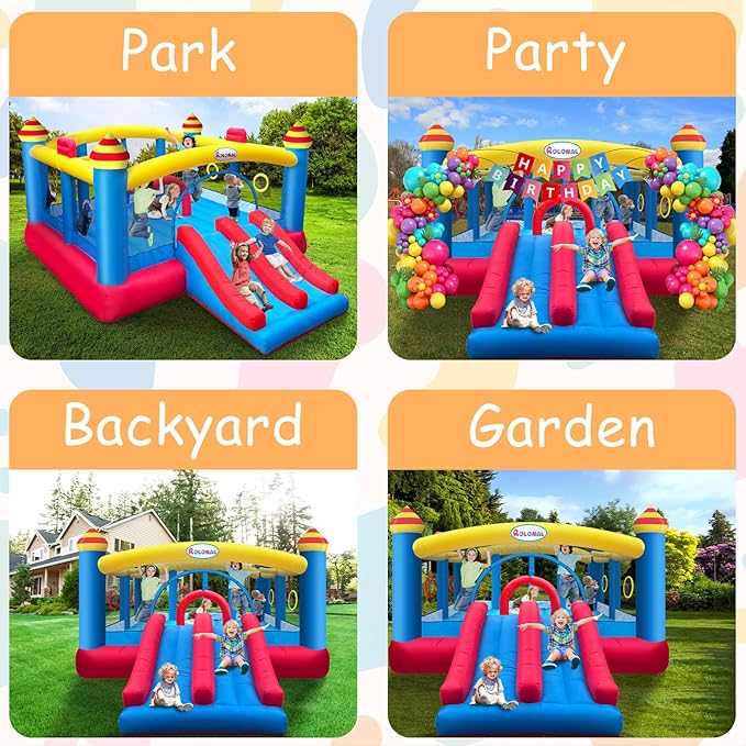 Big Inflatable Bounce House for Party,18.7ft x 13ft,Double Slide,Double Basketball Hoop,Fun Central Obstacle,Throw Ball Game,Reinforced PVC Bounce Floor,Jumping Bouncy Castle Holds 6 Kids
