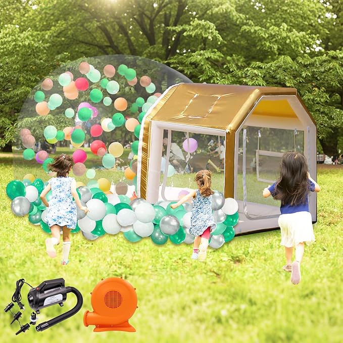 10ft Inflatable Bubble House Dome with Tunnel for Kids, Clear TPU Balloon Tent for Parties, Includes 450W Air Blower & 600W Air Pump