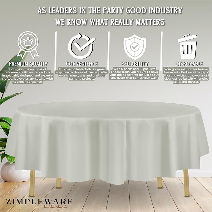ZIMPLEWARE Light Grey Standard Disposable Plastic Party Tablecloth [Case of 72] 84 x 84” Round Table Cover for Indoor & Outdoor Use - Image 4