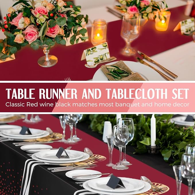8 Pack Black and Maroon Tablecloths and Satin Runners Set | 54x108 Inch Disposable Tablecloth and 12x108 Inch Satin Runners for Wedding Birthday Party Baby Shower Christmas New Year - Image 3