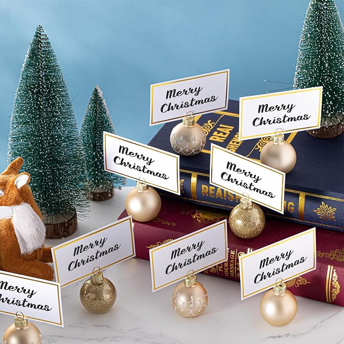 Civaner 24 Pcs Christmas Ornament Place Card Holders and Name Cards Set | Gold Glass Ball Table Number Stand, Sign Holder for Xmas Winter Wedding Anniversary Birthday Party, 1.6 Inch - Image 5