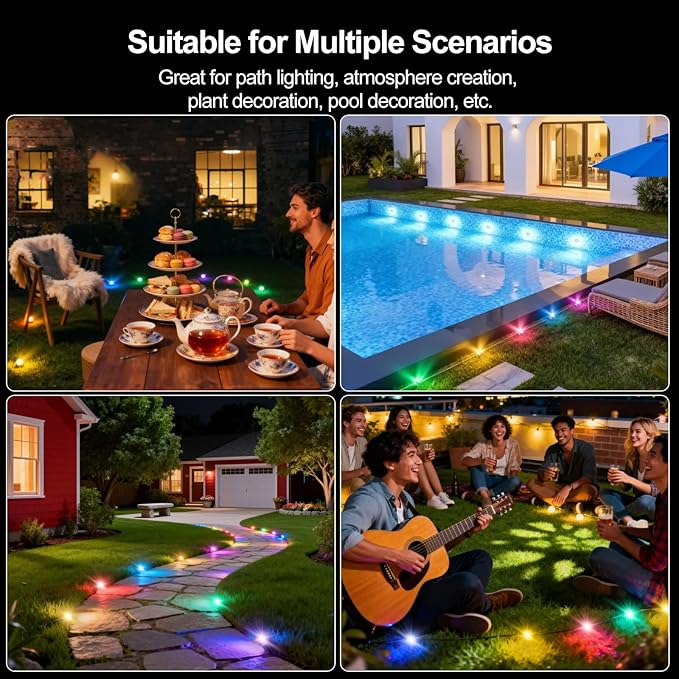 Outdoor Ground Lights, 50FT Smart RGB Pathway Lights with APP/Remote Control, Music Sync, Timer Function, IP67 Waterproof Wired Color-Changing Pathway Light for Garden, Courtyard, Lawn and Parties