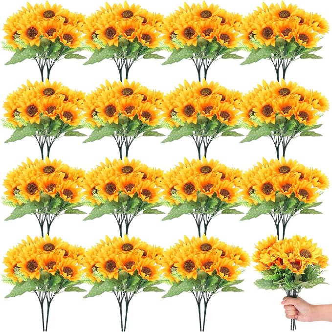 Roshtia 30 Bunches Sunflower Artificial Flowers, Each with 7 Heads, 11.8'' High Bride Holding Silk Bouquet Sunflower Decor Centerpieces for Tables Party Wedding Home Decor Craft by Roshtia