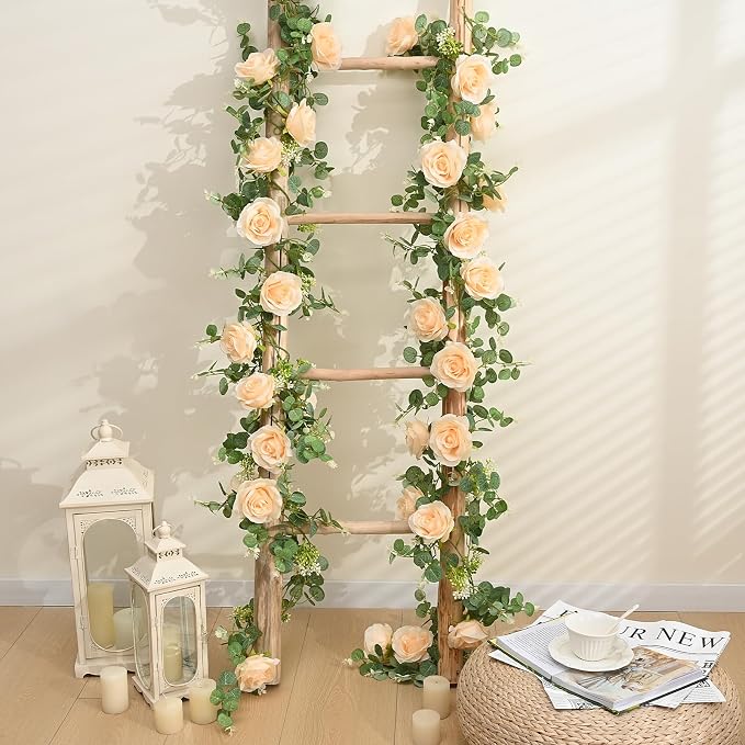 Dolicer 2Pcs 13Ft Artificial Eucalyptus Garlands with Flowers - 8 Roses, Faux Floral Greenery Garlands Fake Flowers Vines for Wedding Table Centerpieces Arch Party Ceremony Backdrop Decor (Champagne) - Image 8