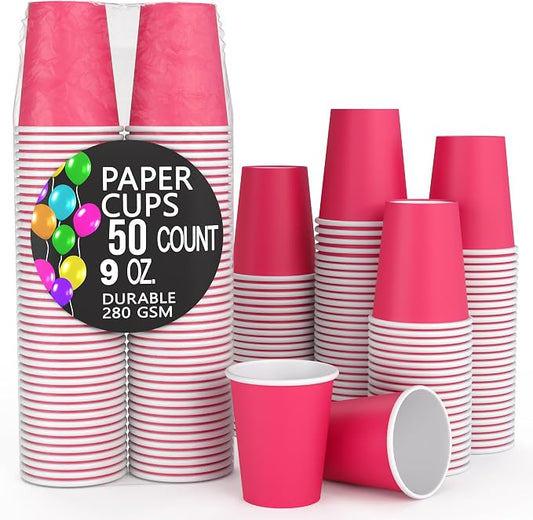 Party Solids Cerise Paper Cups 9 oz - 50 Disposable Cups for Hot & Cold Drinks - Durable 280 GSM Coffee Tea Tumblers for Parties Events & To Go by PartySolids
