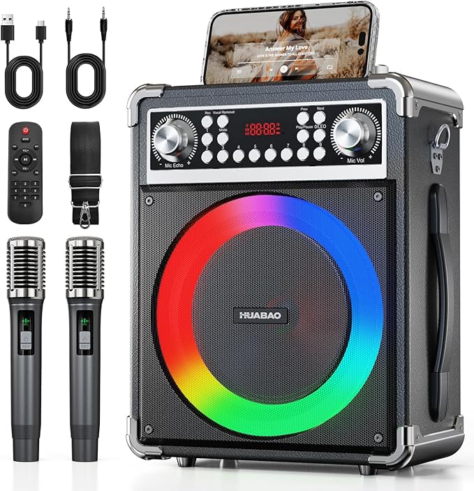 Karaoke Machine with 2 Wireless Microphones, Portable Bluetooth Speaker of Adults & Kids, PA System with Remote & Lights, Bass/Treble Control, Support USB/AUX/TF/FM, Party Speaker for Home