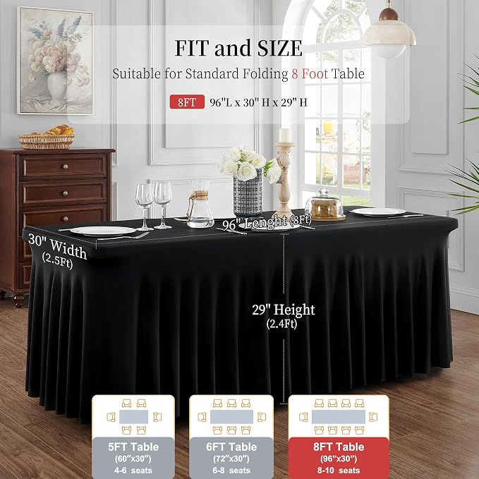 Outpain 2 Pack Black Table Clothes for 8 Foot Rectangle Tables, One-Piece Wrinkle Resistant Stretch Spandex Table Covers with Skirt for Event Banquet Wedding Birthday Party - Image 5