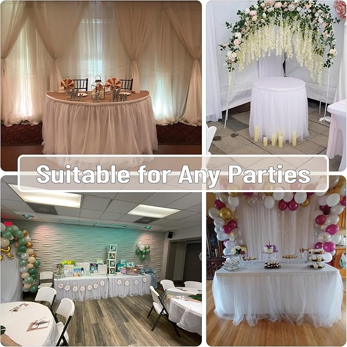96in White Tulle Table Skirts for Rectangle Tables 8/6/4ft, 2-Layer Gold Grim Ruffle Tulle Tutu Cloth Table Skirt 8ft Long for Wedding Birthday Party Baby Shower Cake Dessert Tables(No Table Cover) - Image 6