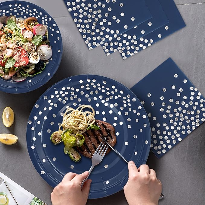 168Pcs Navy Blue Plates and Napkins Party Supplies, Navy Blue Paper Plates Serve 24, blue and Silver Party Decorations, for Fathers Day, Graduation, 4th of July, Hanukkah Party (Pack of 2) - Image 5